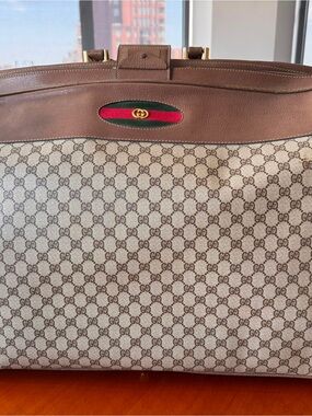 Gucci Beige GG Canvas Tote with Brown Trim and Red-Green Web